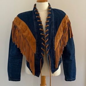 Western Style Jean Jacket with Tan Fringe. Size Small